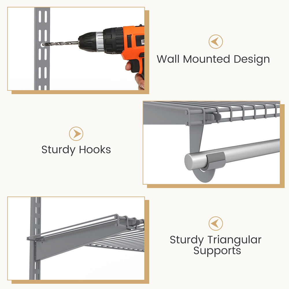 Sturdy triangular supports and hooks of the gray wall-mounted closet system for versatile storage solutions.