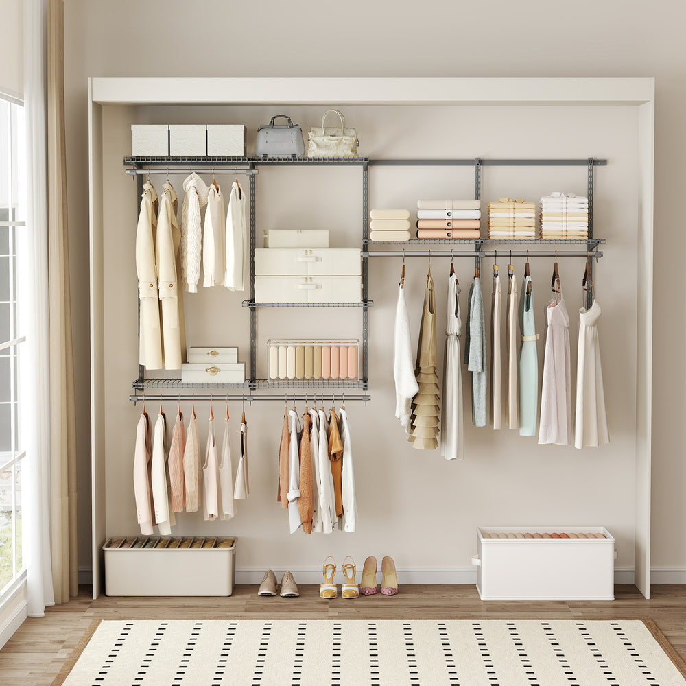 Wall-mounted closet system in gray featuring 7 shelves and 5 rods, ideal for versatile storage in bedrooms or laundry.