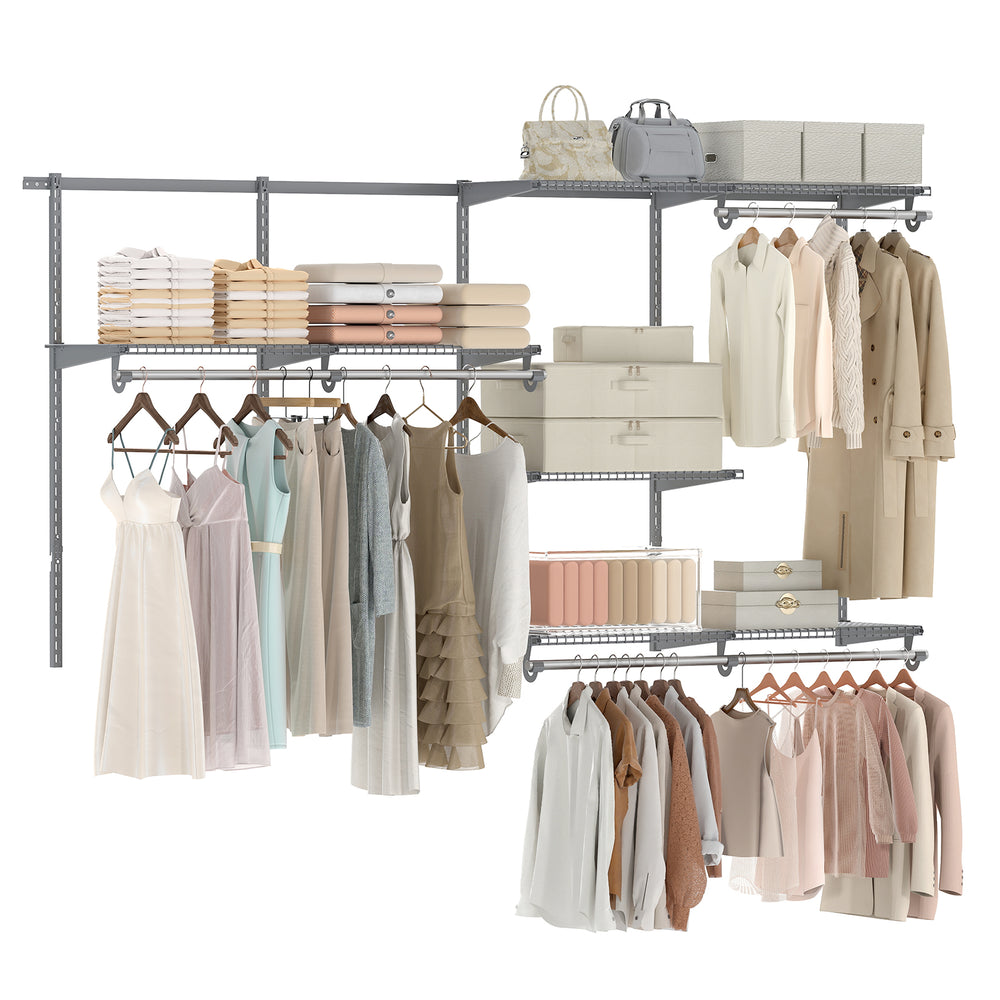 Wall-mounted closet system in gray featuring 7 shelves and 5 hanging rods for versatile storage in bedrooms or laundry.