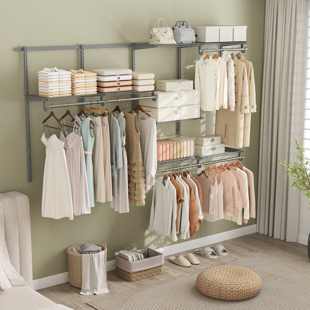 Wall-mounted gray closet system showcasing adjustable shelves and rods, perfect for organized storage in bedrooms or.