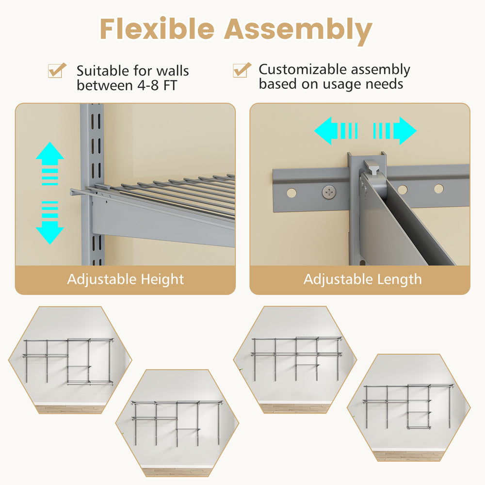 Adjustable wall-mounted closet system with gray shelves and rods, suitable for 4-8 FT walls, ideal for versatile.