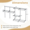 Wall-mounted closet system dimensions showing 7 shelves and 5 rods, gray powder-coated metal, ideal for versatile.