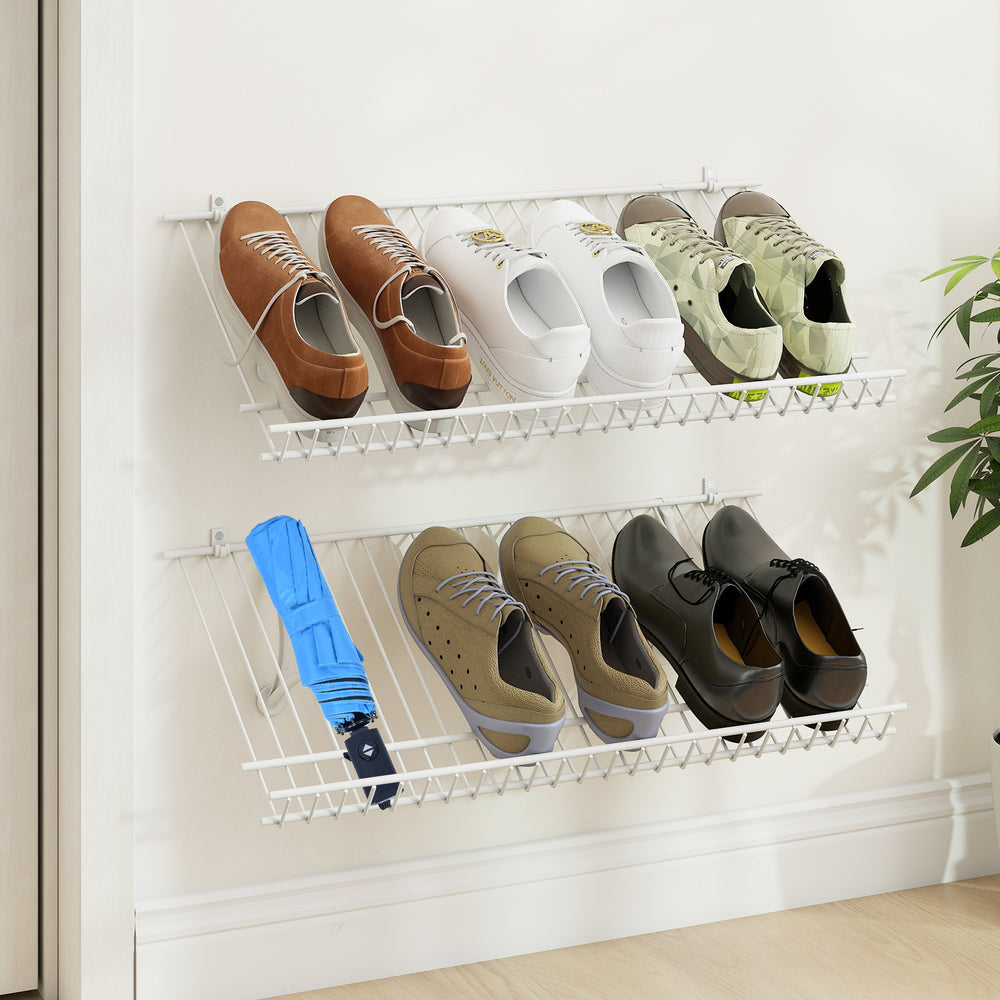 Wall-mounted metal wire shoe racks displaying various shoes, featuring a durable design for efficient space use.
