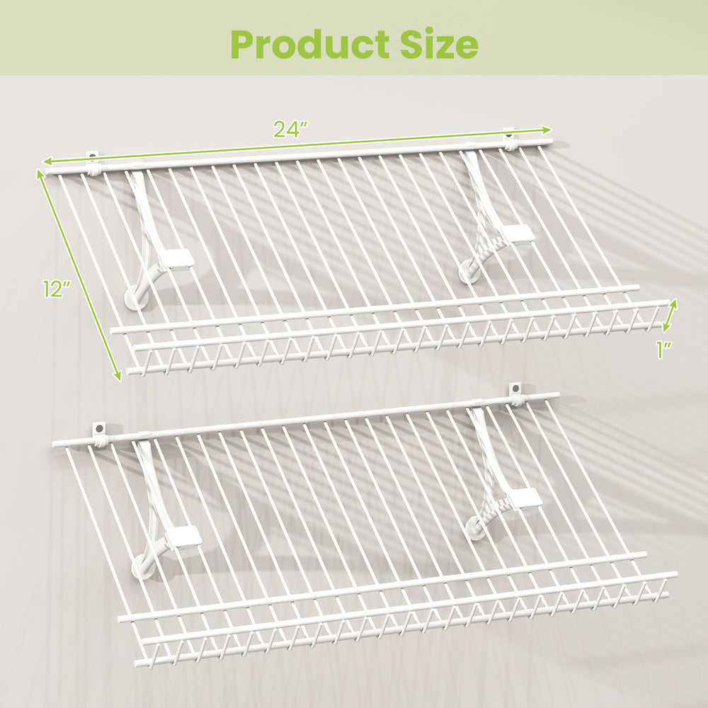 Wall-mounted metal wire shoe racks set of 2, measuring 24" x 12" for efficient closet organization and ventilation.