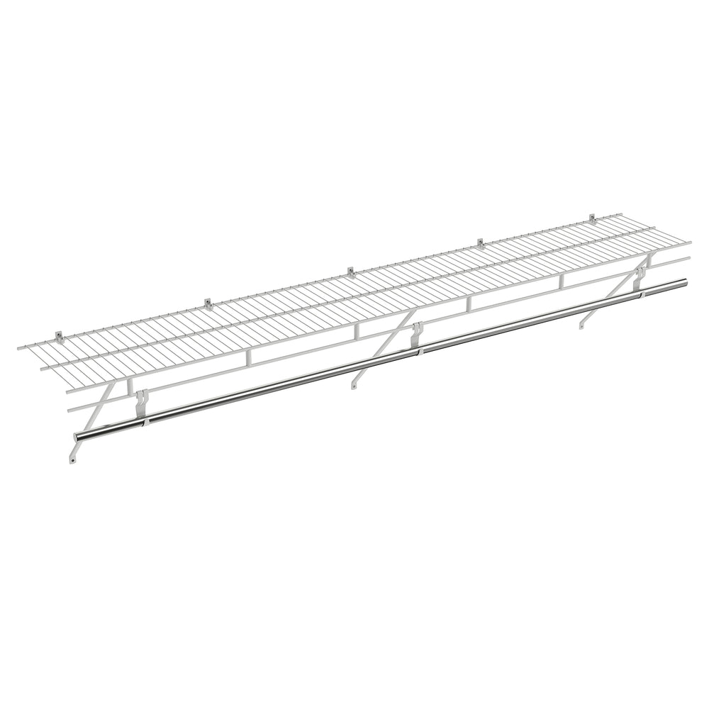 Wall-mounted closet shelf with hanging rod, 6 ft x 12 inch, durable metal wire for laundry room organization.