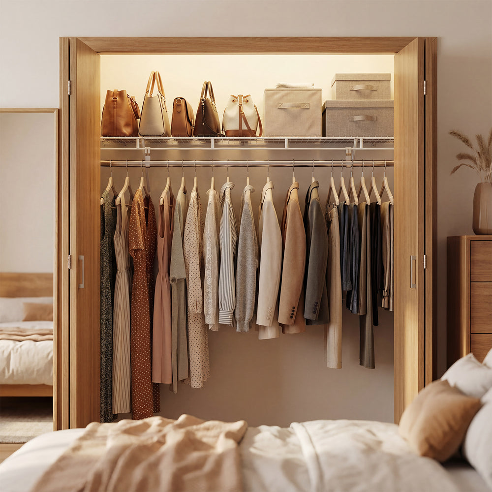 Wall-mounted ventilated metal wire shelving kit with hanging rod, ideal for organizing clothes and accessories in a.