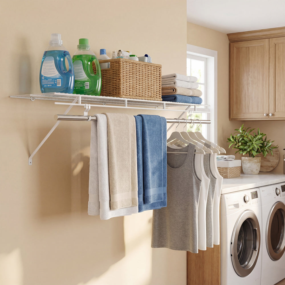 Wall-mounted ventilated metal wire shelving kit with towels and storage bins, ideal for laundry room organization.