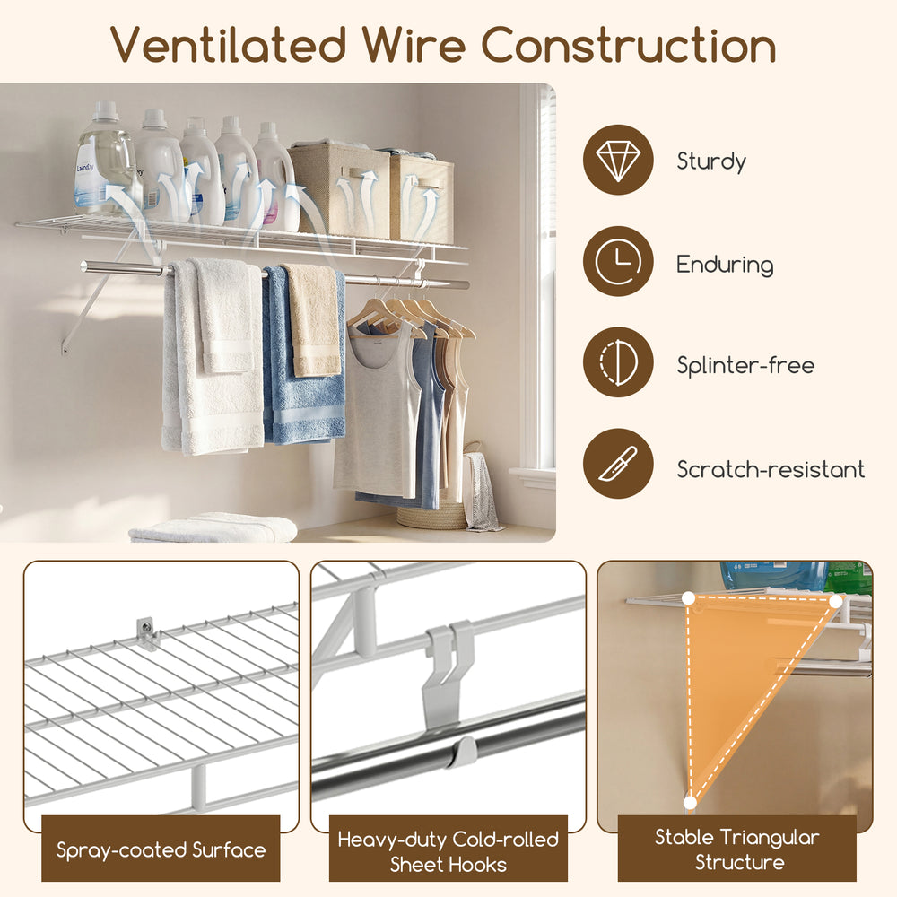 Wall-mounted closet shelves with ventilated metal wire, spray-coated surface, and heavy-duty hooks for secure storage.