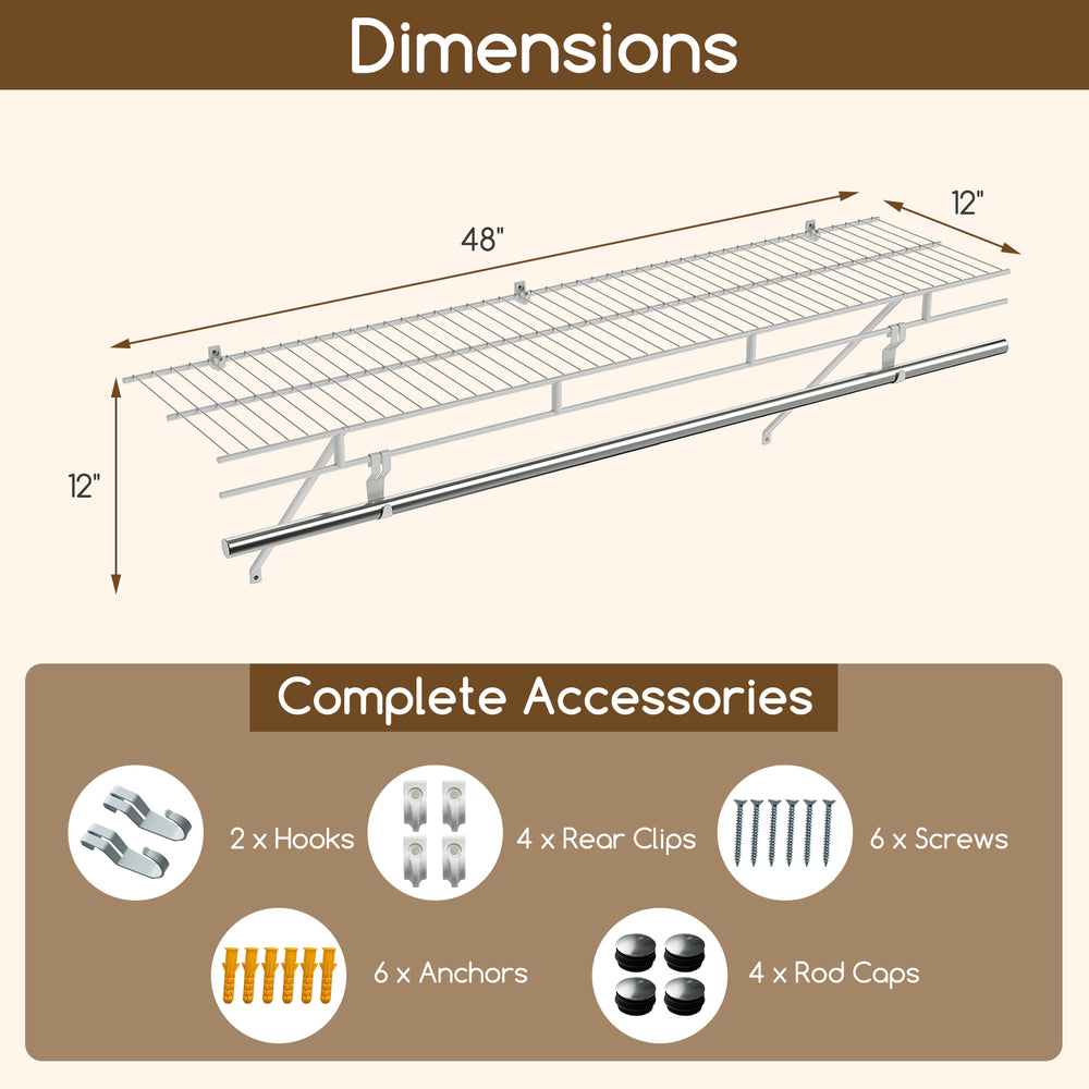 Wall-mounted closet shelf with ventilated metal wire design, measuring 48"x12", ideal for organizing clothes and.