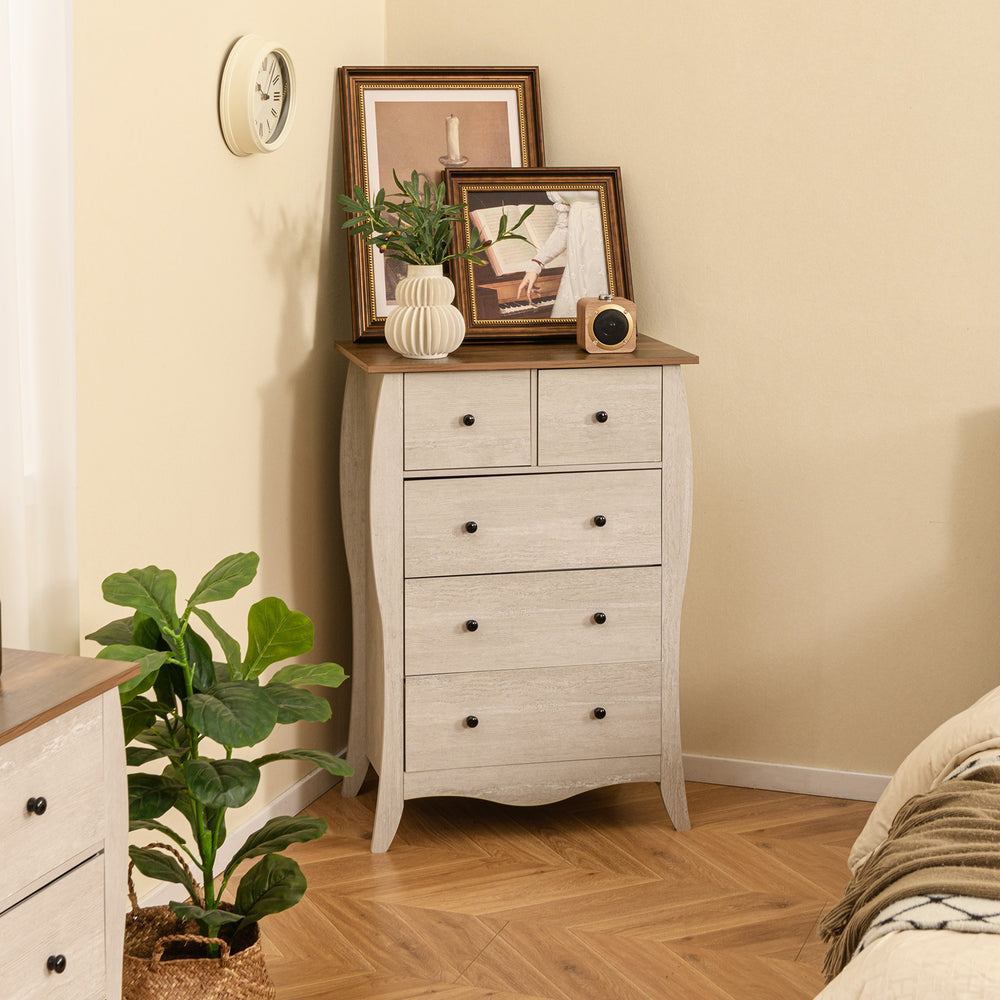 Gray closet storage organizer featuring five fabric drawers and a spacious tabletop, perfect for farmhouse-style.