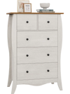 Gray closet storage organizer featuring a spacious tabletop and five large fabric drawers for versatile storage.