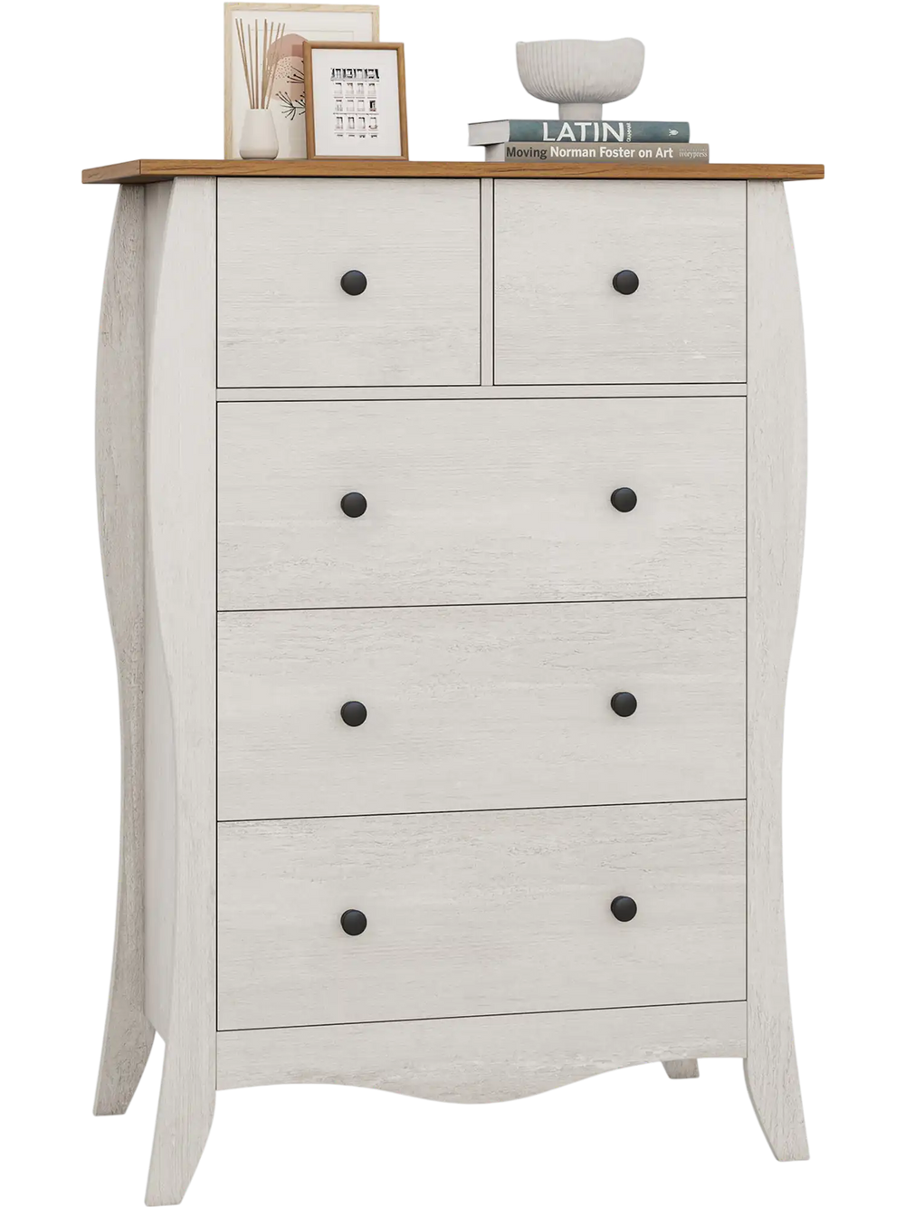 Gray closet storage organizer featuring a spacious tabletop and five large fabric drawers for versatile storage.