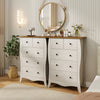 Closet storage organizer with five gray fabric drawers, featuring a spacious tabletop and farmhouse design for stylish.