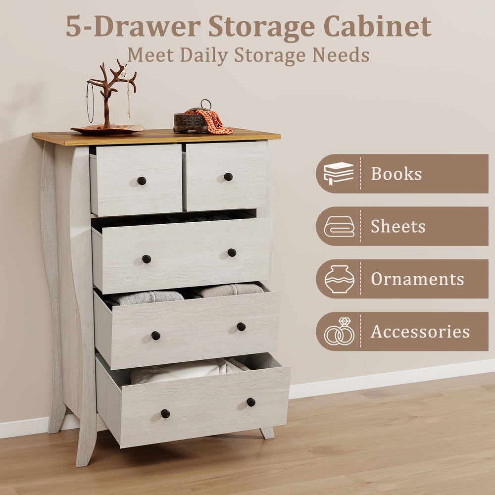 5-drawer storage cabinet in gray with a wooden top, ideal for organizing socks, sheets, and accessories in a farmhouse.