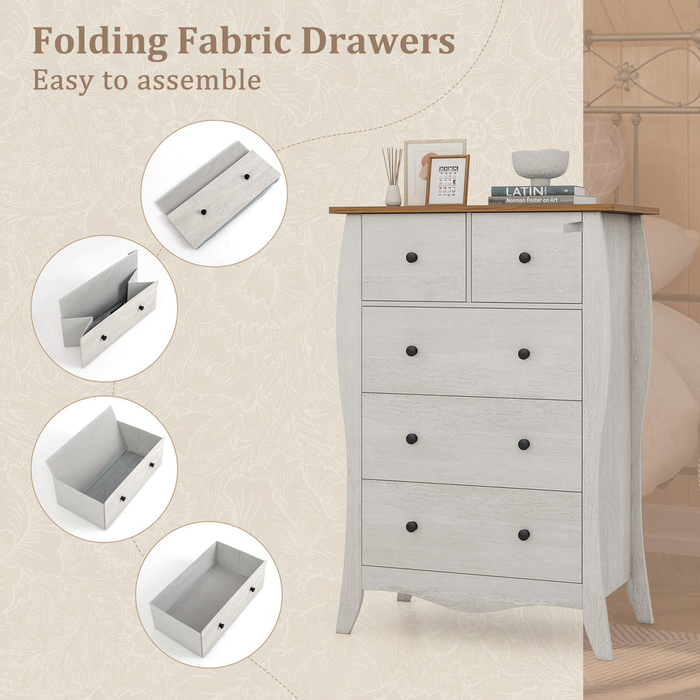 Gray closet storage organizer featuring 5 folding fabric drawers and a spacious tabletop, ideal for farmhouse-style.