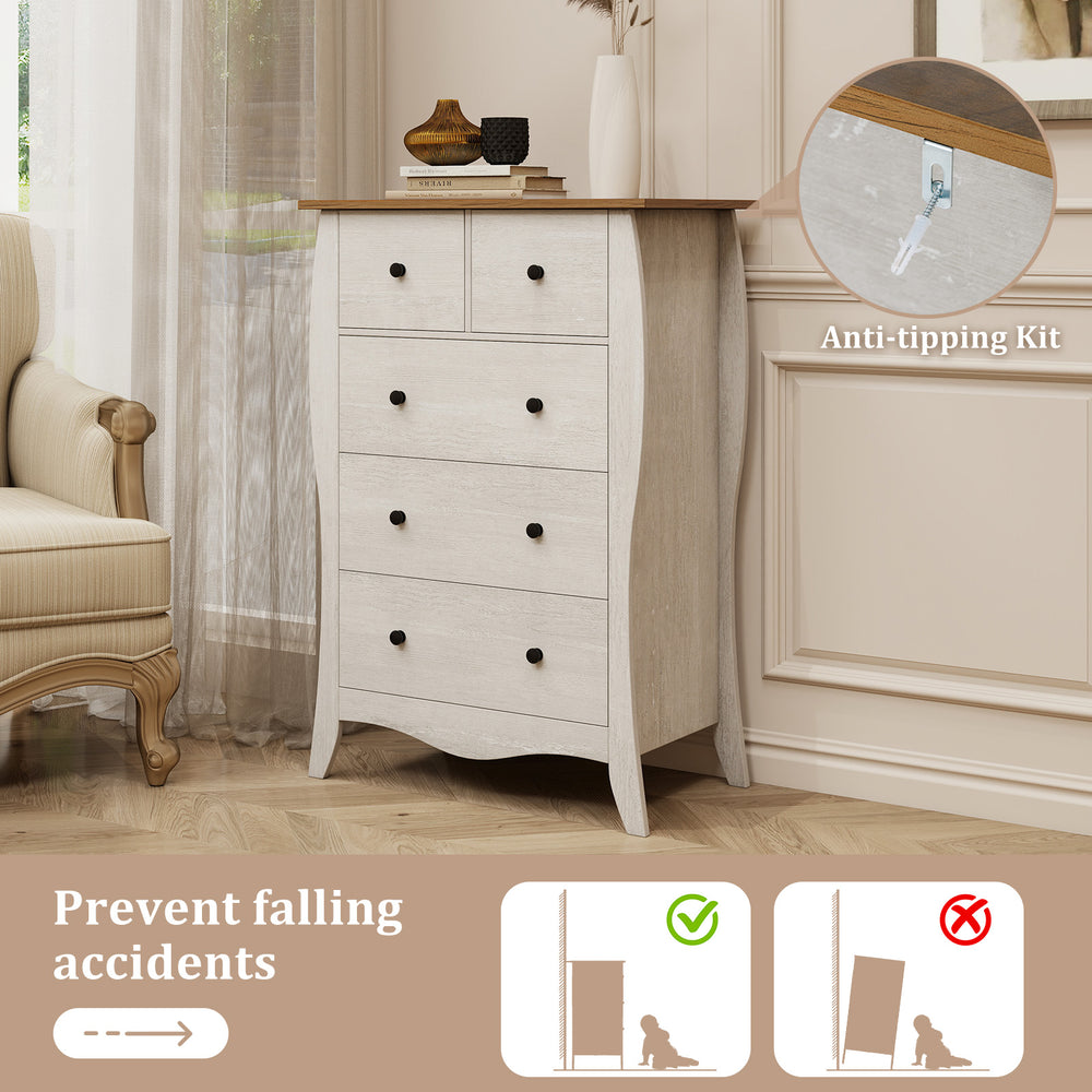 Closet storage organizer in gray with 5 fabric drawers and anti-tipping kit, perfect for farmhouse-style bedrooms.