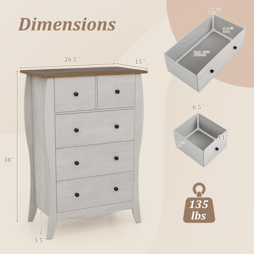 Dimensions of the gray closet storage organizer with five drawers, featuring a sturdy design and anti-tipping kit for.