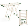 Clothes drying rack in beige with height adjustable wings, 28 clips, and foldable design for easy storage and use.