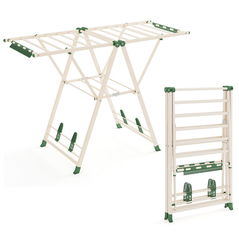 Clothes drying rack in beige with height adjustable wings, 28 clips, and foldable design for easy storage and use.