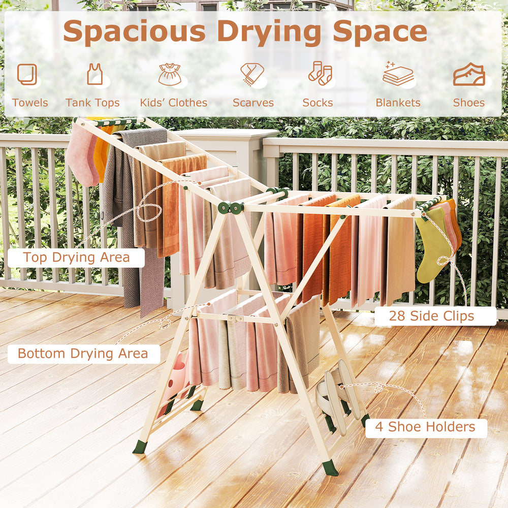 Clothes drying rack in beige with a bottom drying area and 28 clips, perfect for drying socks and small items.