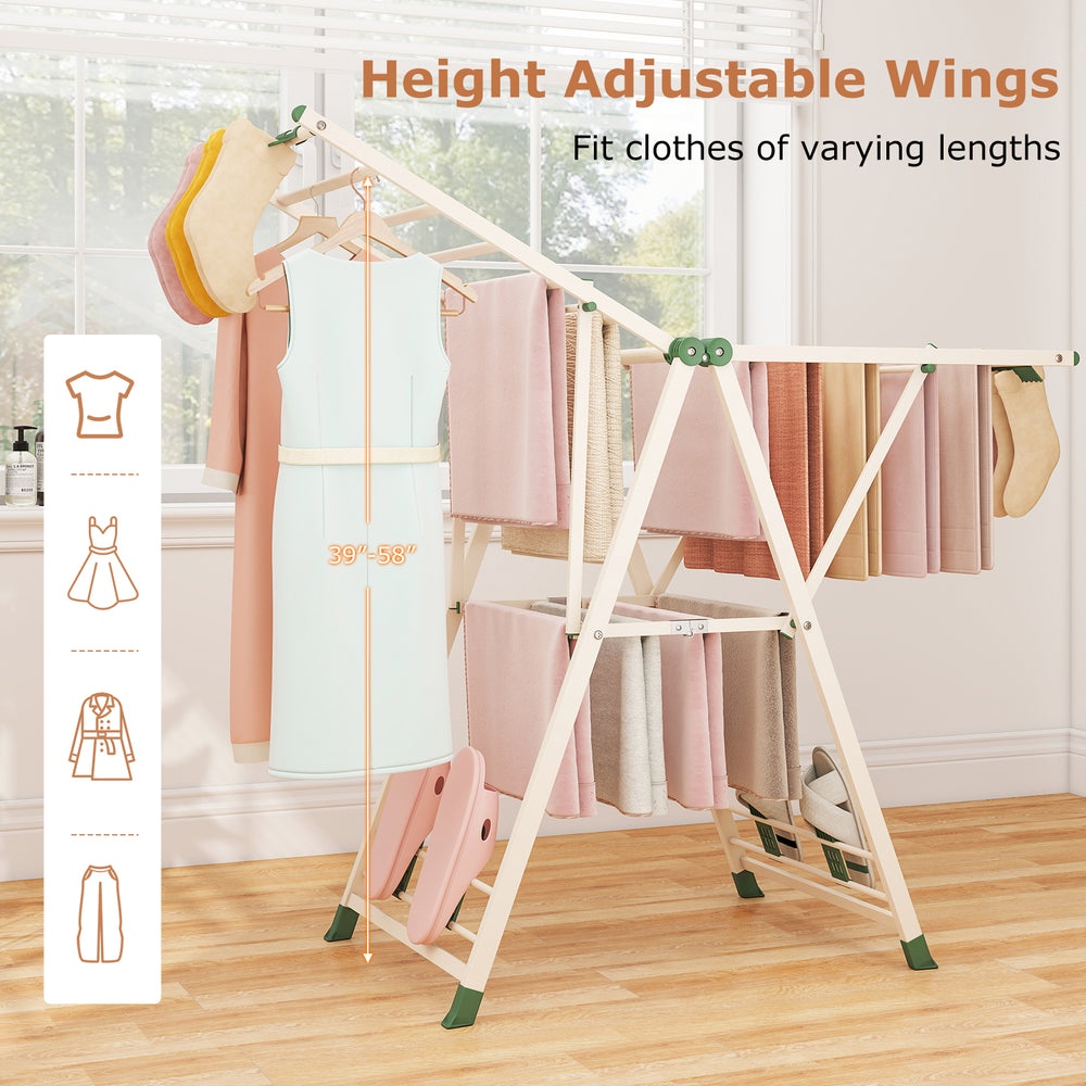 Clothes drying rack in beige with adjustable wings and reasonable spacing for optimal ventilation and quick drying.