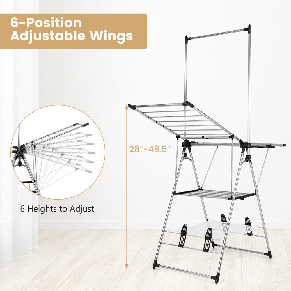 Clothes drying rack with 6 adjustable heights, featuring a stable structure and anti-slip foot pads for versatile use.
