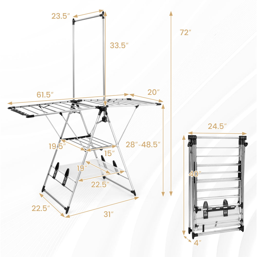 Clothes drying rack with 6 adjustable heights, featuring a stable triangular structure and anti-slip foot pads for.