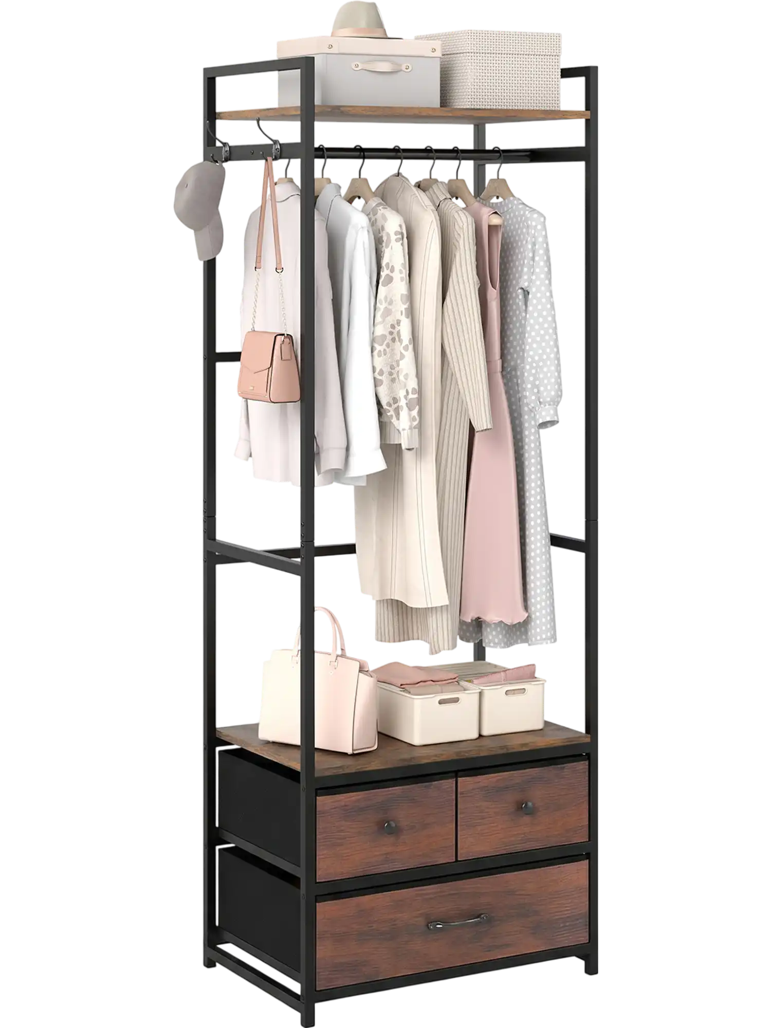 Costway Clothes Rack Hall Tree w/ Drawers Shelves Side Hooks Metal Frame 66726710 New