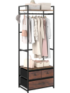 Clothes rack with rustic brown drawers, metal frame, and side hooks, ideal for hallway or bedroom storage.