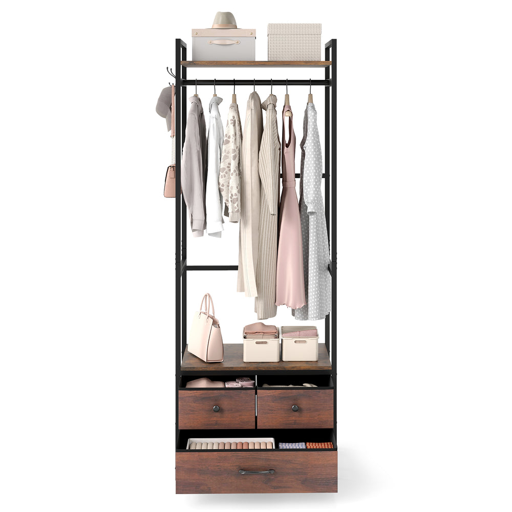 Clothes rack in rustic brown with drawers, shelves, and side hooks for stylish vertical storage in any room.