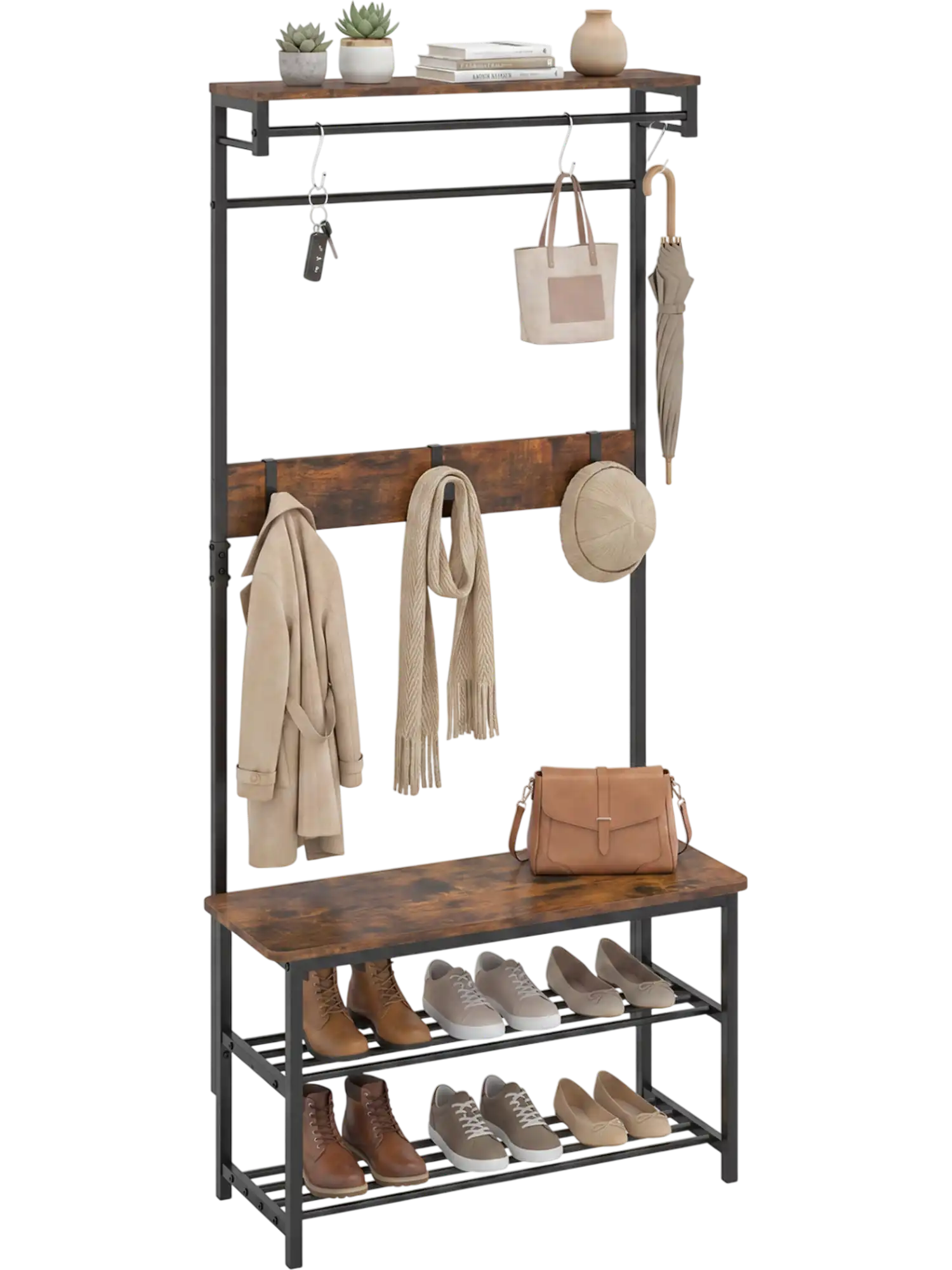Costway 4-In-1 Hall Tree Coat Rack Shoe Bench Removable Hooks 27354652 New