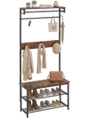 Coat rack hall tree in coffee finish with shoe bench, removable hooks, and storage for shoes and accessories.
