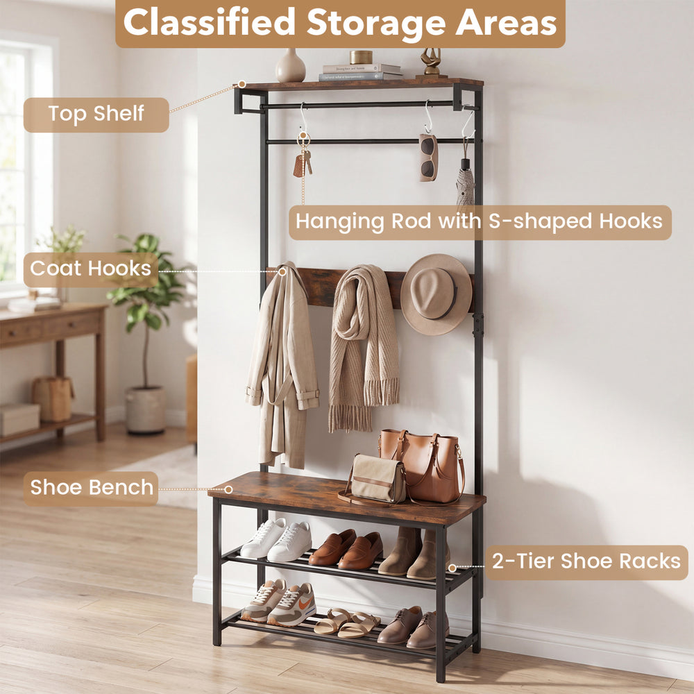 4-in-1 hall tree with shoe bench, coat hooks, and hanging rod in coffee finish, ideal for entryway organization.