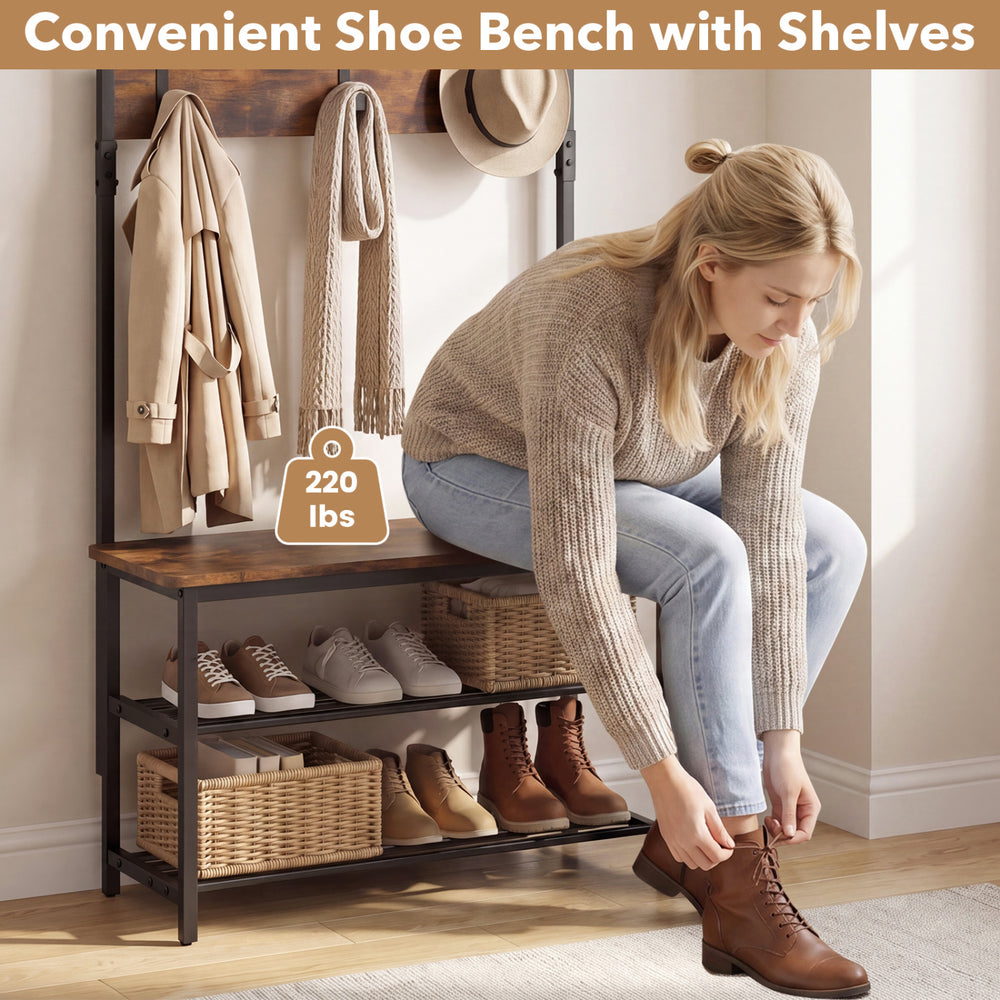 Coat rack hall tree with shoe bench, removable hooks, and coffee finish, supporting up to 220 lbs for convenient.