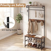 Coat rack hall tree with shoe bench in coffee finish, featuring removable hooks and anti-tipping device for safety.