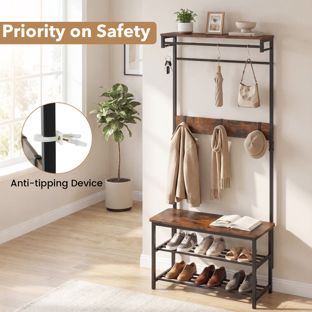 Coat rack hall tree with shoe bench in coffee finish, featuring removable hooks and anti-tipping device for safety.