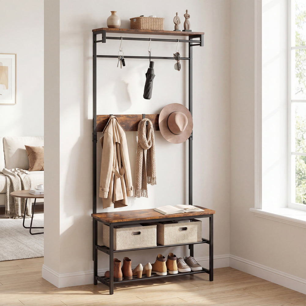 Coat rack hall tree with shoe bench, removable hooks, and coffee finish for entryway organization.