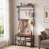 Coat rack hall tree with shoe bench, removable hooks, and coffee finish, ideal for entryway organization.
