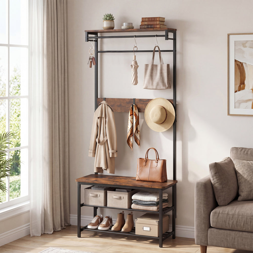 Coat rack hall tree with shoe bench, removable hooks, and coffee finish, ideal for entryway organization.