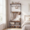 Coat rack hall tree in coffee finish with shoe bench, removable hooks, and storage baskets for entryway organization.