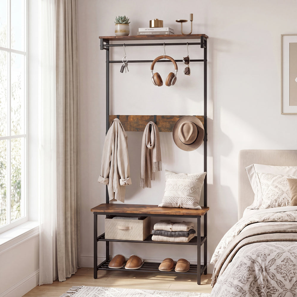 Coat rack hall tree in coffee finish with shoe bench, removable hooks, and storage baskets for entryway organization.