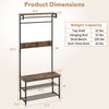 Coat rack hall tree with shoe bench, removable hooks, and coffee finish; dimensions and weight capacity detailed.