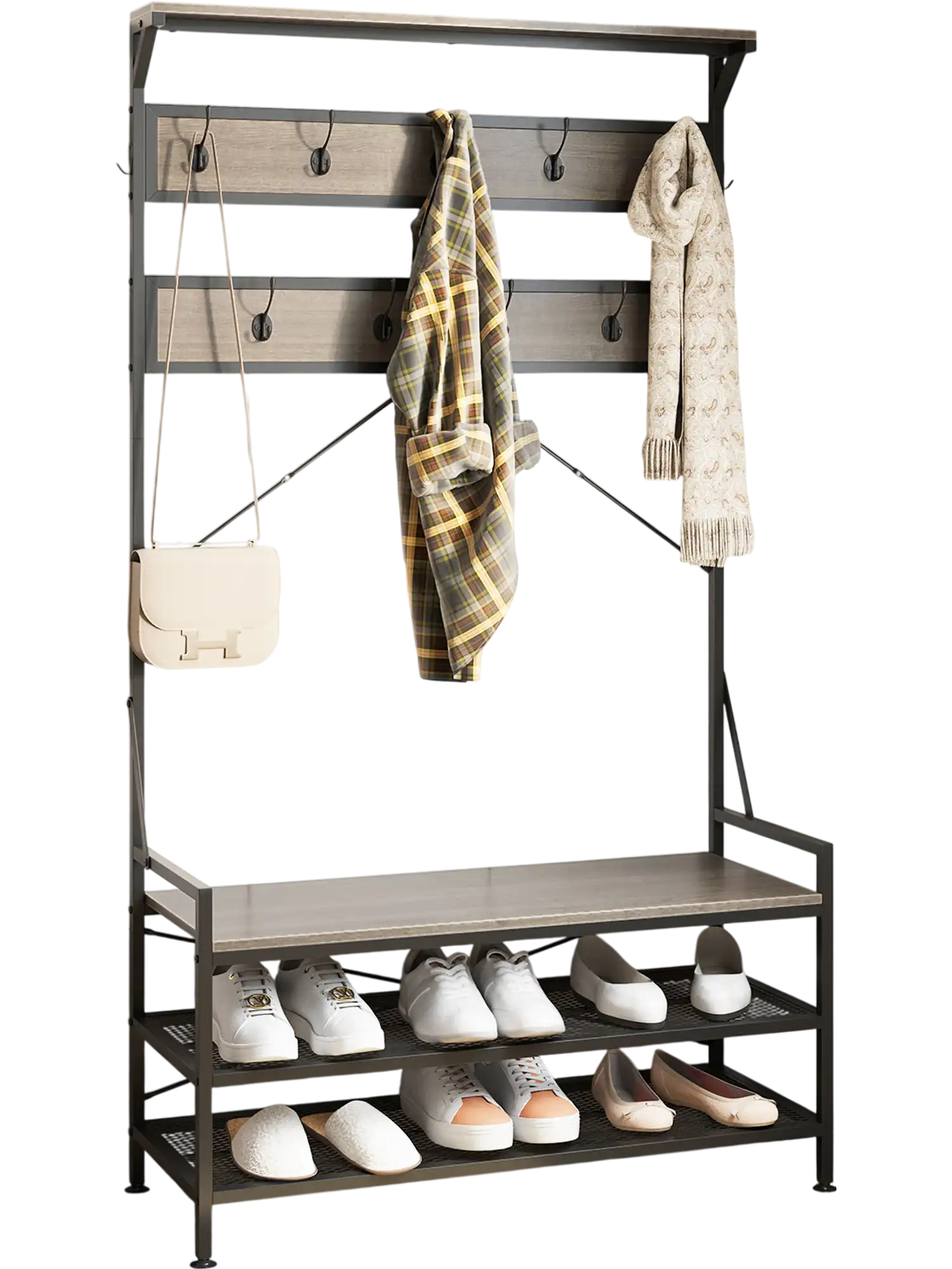 Costway 4-in-1 Hall Tree Coat Rack Shoe Bench Gray 391675842 New