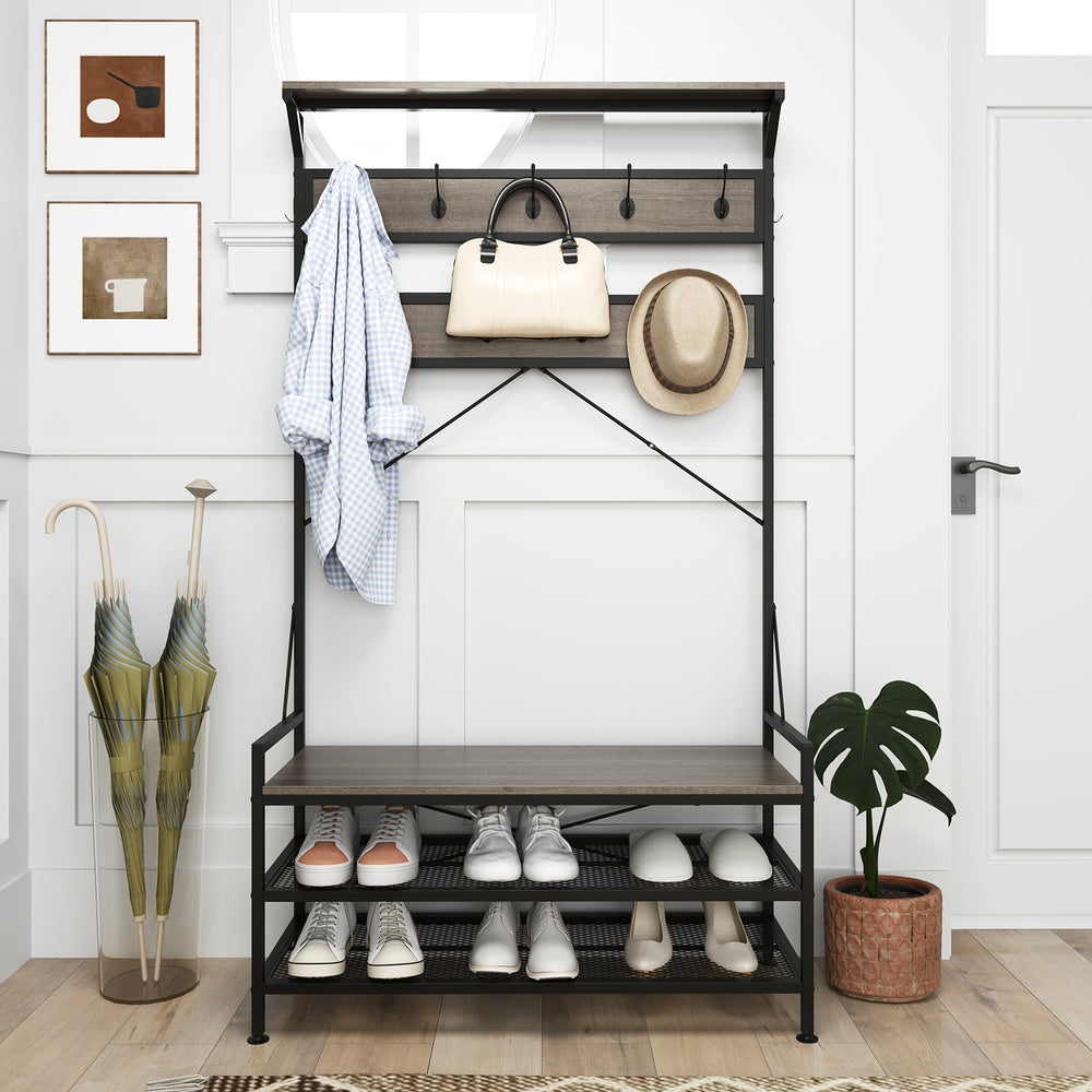 Coat rack hall tree with 11 hooks and a gray shoe bench, featuring a top shelf for decor and a sturdy metal structure.