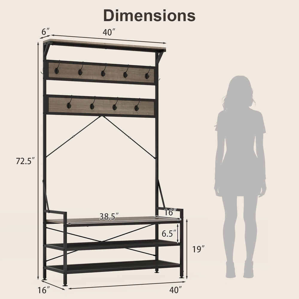 Coat rack hall tree with 11 hooks, gray shoe bench, and top shelf for storage, ideal for entryway organization.