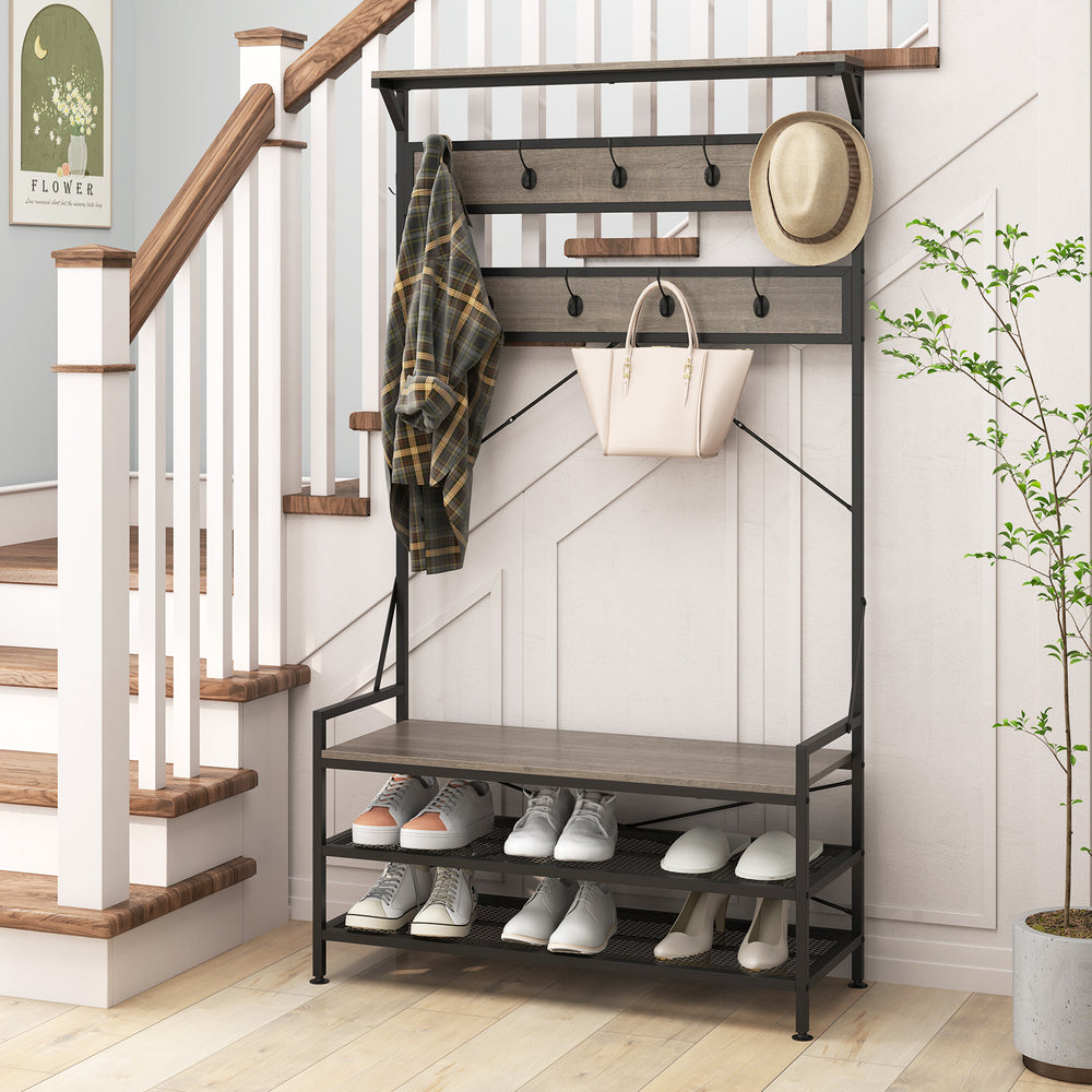 Coat rack hall tree in gray with 11 hooks and shoe bench, ideal for organizing coats and shoes in entryways.
