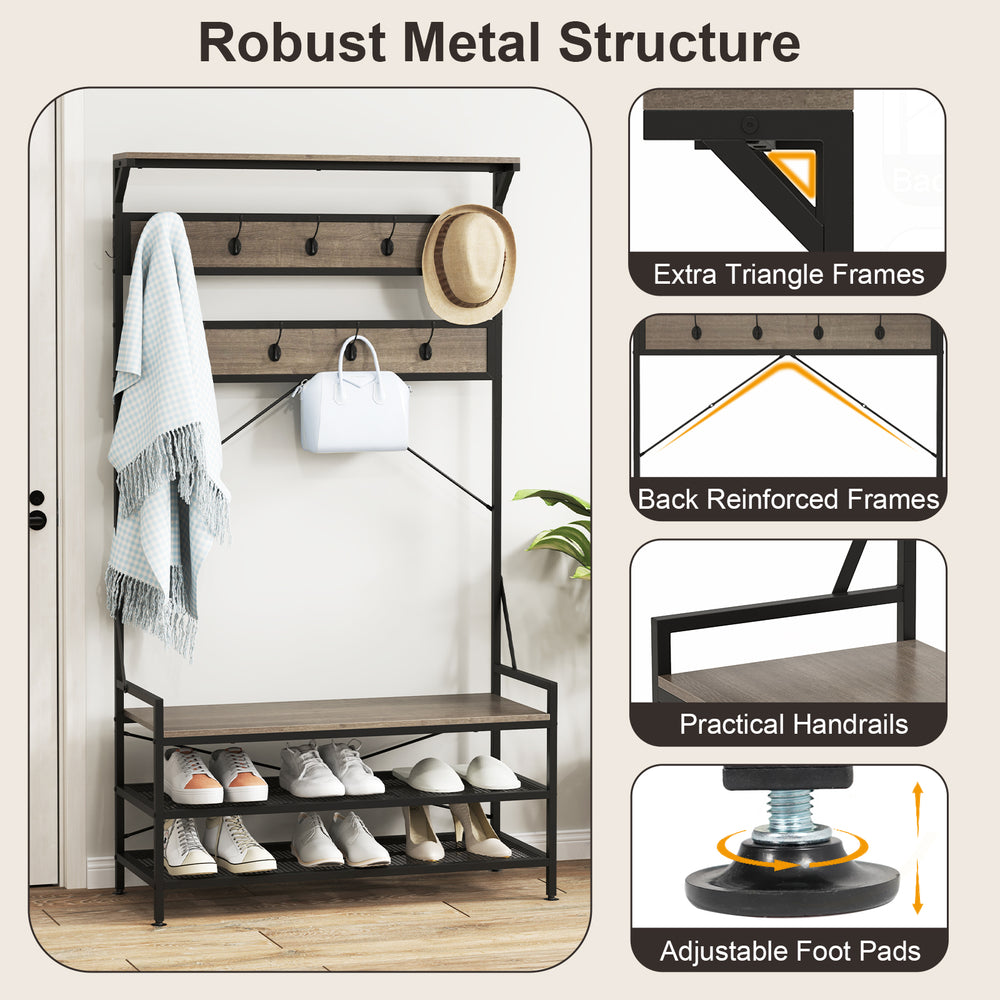 Coat rack hall tree with 11 hooks and a shoe bench in gray, featuring a robust metal structure for stability.