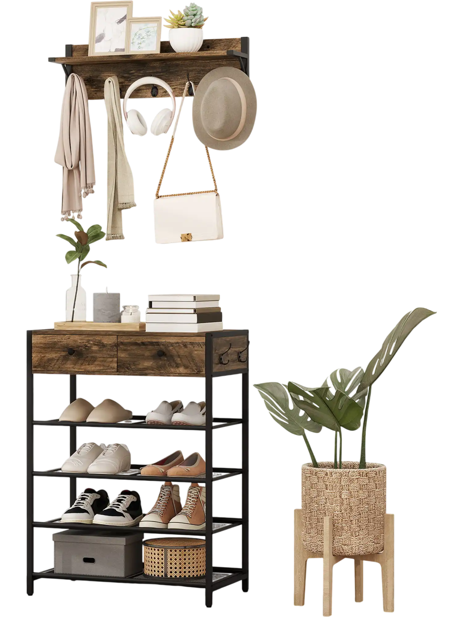 Costway 5-Tier Shoe Rack Coat Rack Set Wall-Mounted Hanger Brown 472981365 New