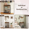 5-tier shoe rack with wall-mounted coat hanger in brown, featuring drawers and hooks for versatile storage solutions.