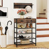 5-tier shoe rack with wall-mounted coat hanger in brown, featuring drawers and hooks, ideal for entryways or small.